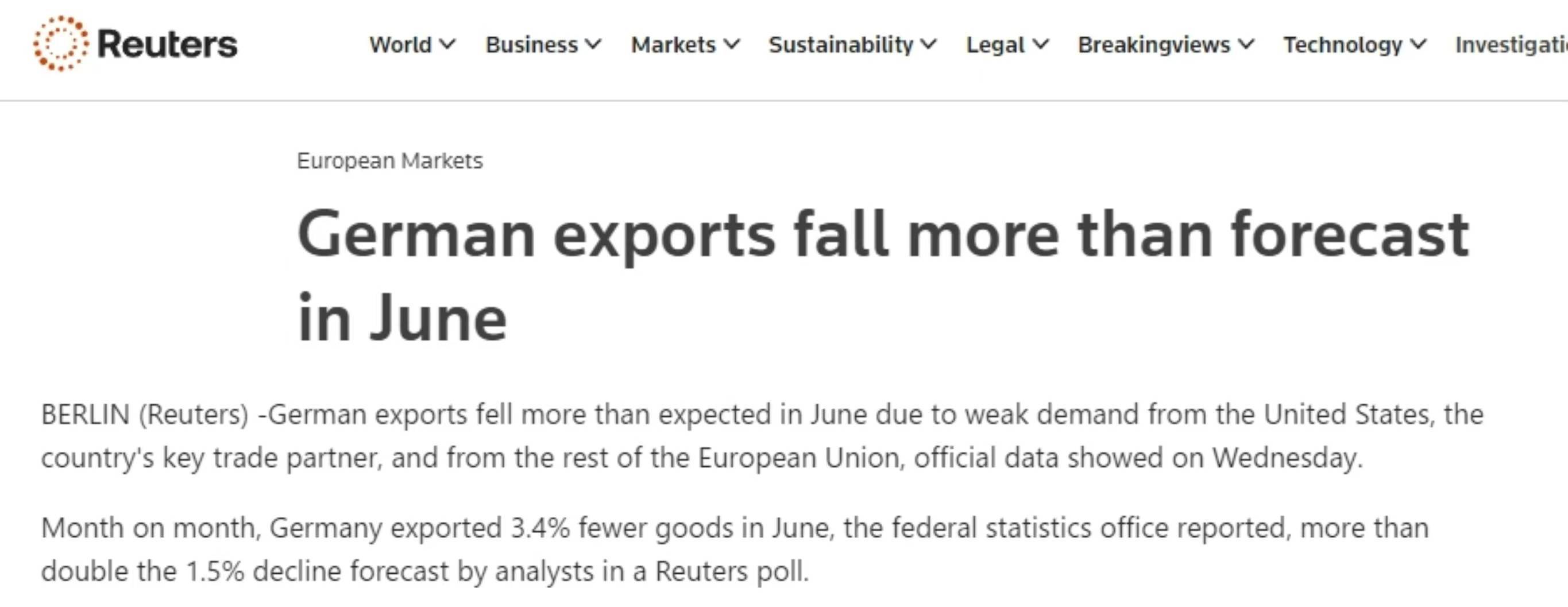 德国经济二季度环比下降0.1%